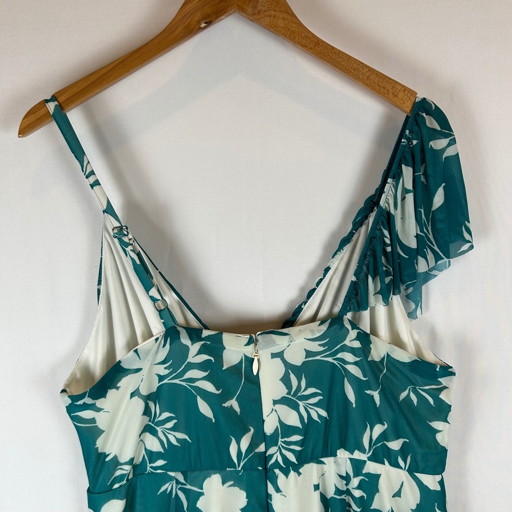 NEW Torrid Teal Shadow Floral Mesh Asymmetrical Ruffle Skater Midi Dress 2X - Picture 8 of 13